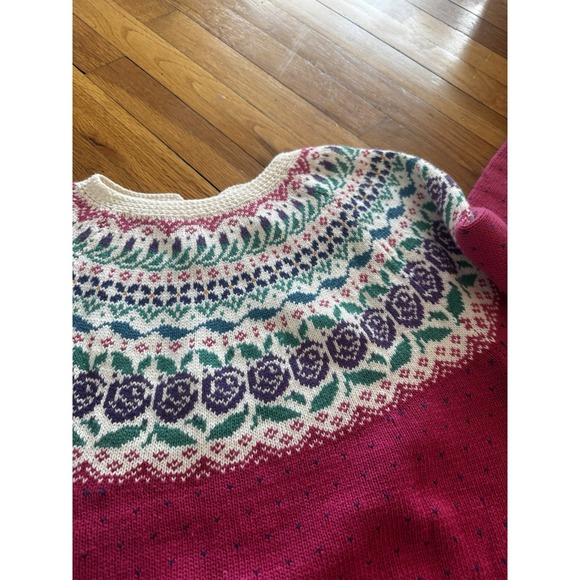 Vintage Northern Isles Women's Pink Fair Isle Floral Knit Yoke Sweater L Nordic - Picture 10 of 14